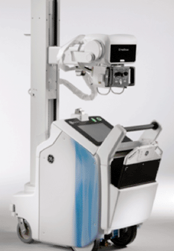 Image: The GE Optima XR220 AMX digital mobile X-ray system. Enhancements over its earlier version include sophisticated digital imaging, more power in a compact design, no boot-up required, and automatic charging (Photo courtesy of GE Healthcare). 
